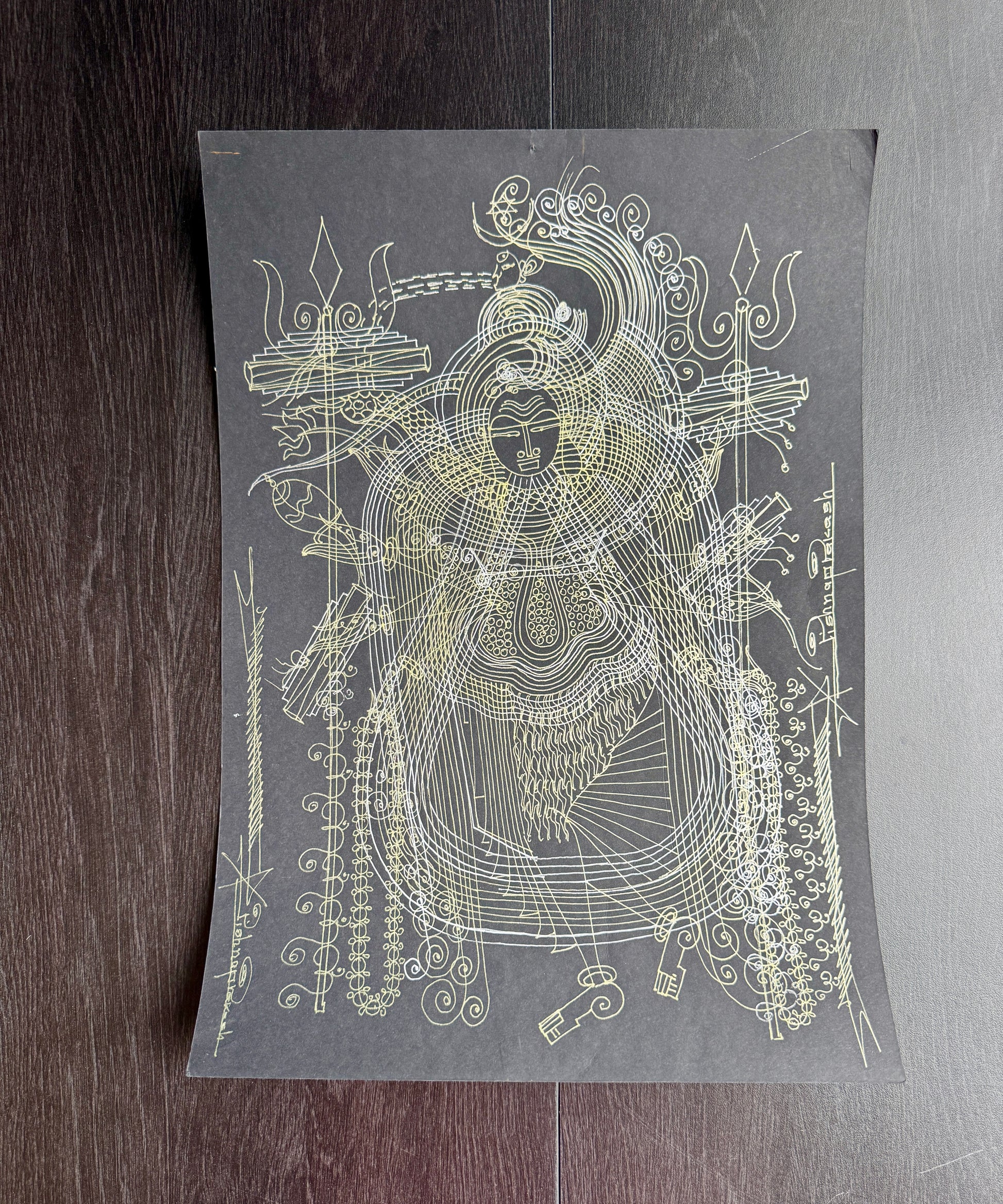 Surpur line painting of Shiva with intricate designs on a gray background