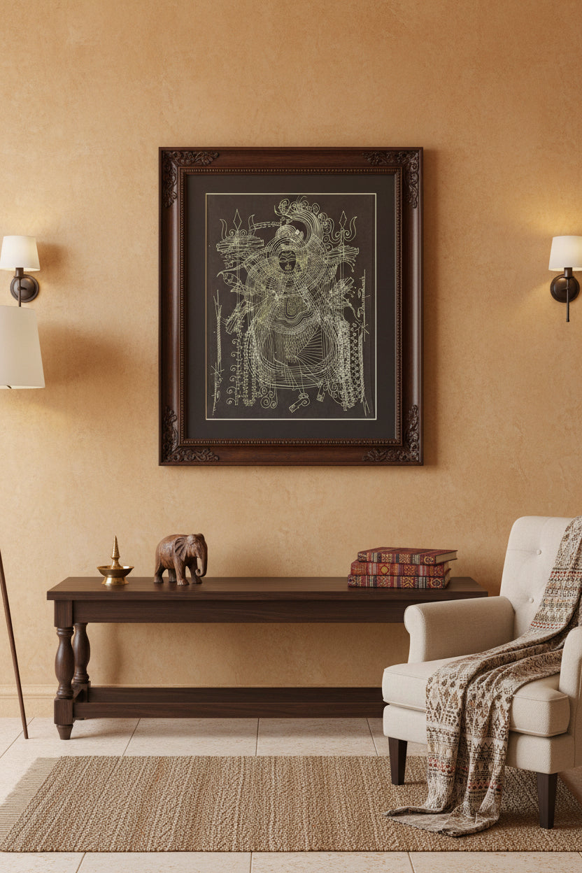 Framed Surpur line artwork on a wall above a wooden table with decorative items in a room.