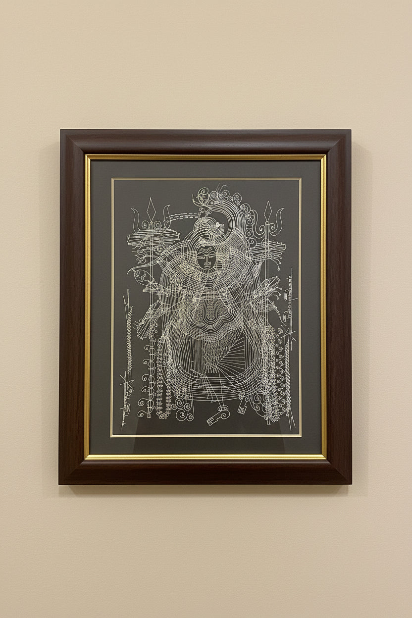 Framed Surpur line artwork of Shiva on a beige wall