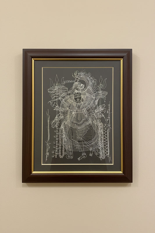 Framed Surpur line artwork of Shiva on a beige wall