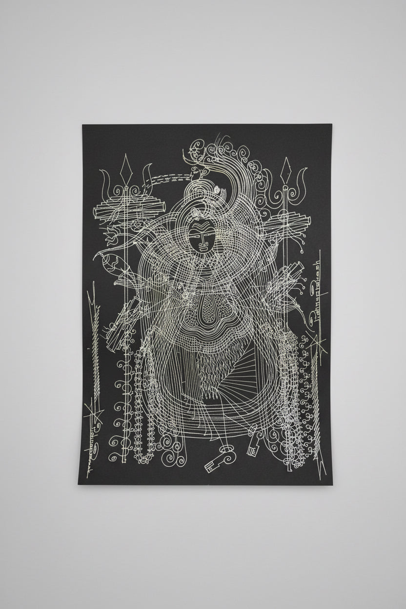 Black and white Surpur line painting of Shiva against a gray background 