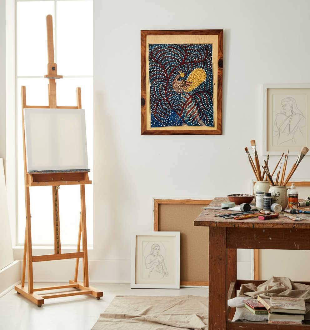 Art studio with easel, table, and framed artwork on a white wall