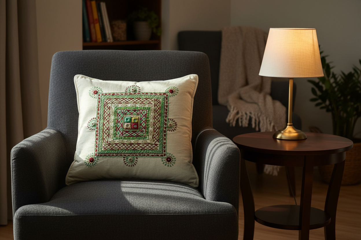 Gray armchair with Lambani work embroidered cushion cover in a cozy room with a lamp and books.