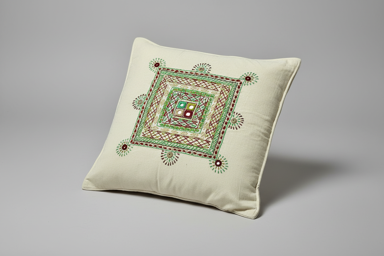 Decorative pillow with intricate Lambani embroidery on a gray background