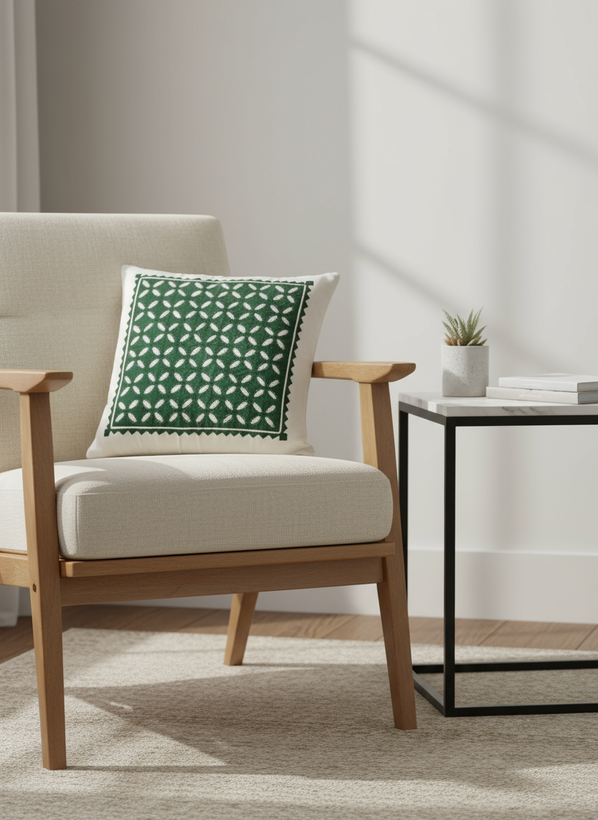Beige armchair with a green patterned pillow in a minimalistic room.