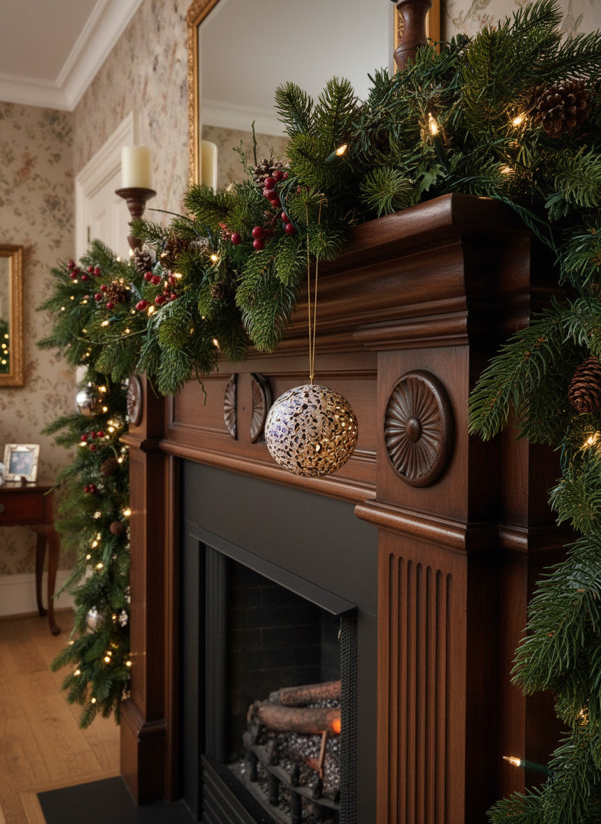 Decorative spherical ornament with intricate design hanging from a string against a neutral background.