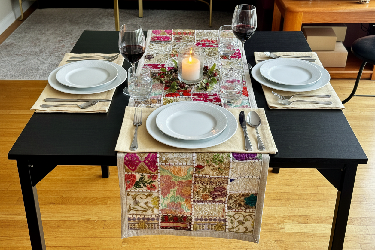 Dining table set with plates, cutlery, and a decorative ivory Khambhadia patchwork table runner.