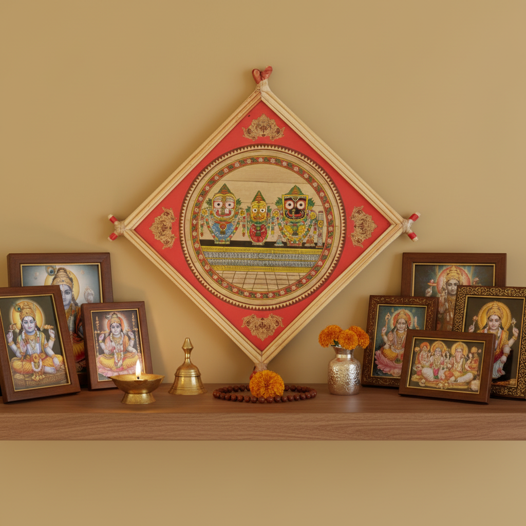 Picture of deities with Jagannath trio in the center