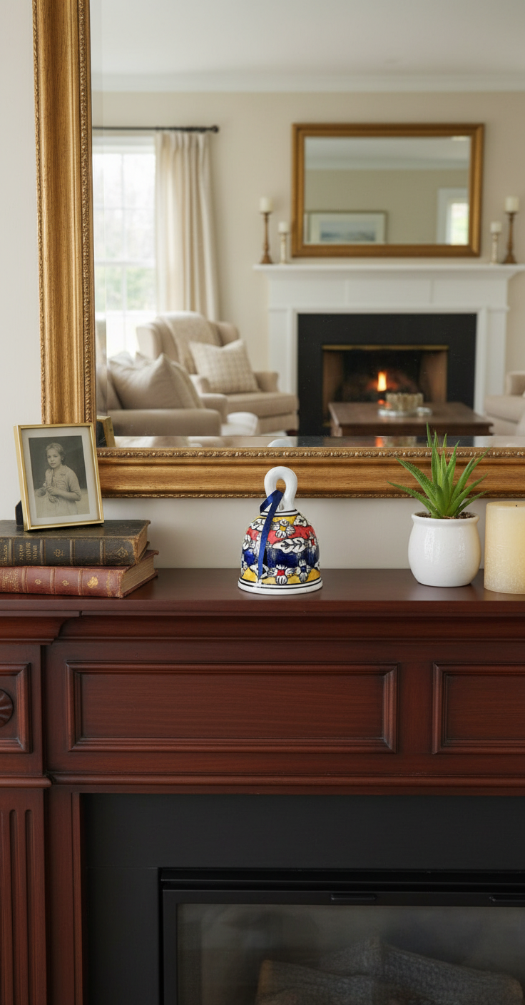 Decorative mantelpiece with a teapot, books, and a plant in front of a mirror reflecting a living room.