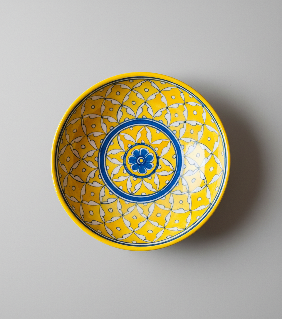 Ceramic bowl with yellow and blue pattern on a gray background