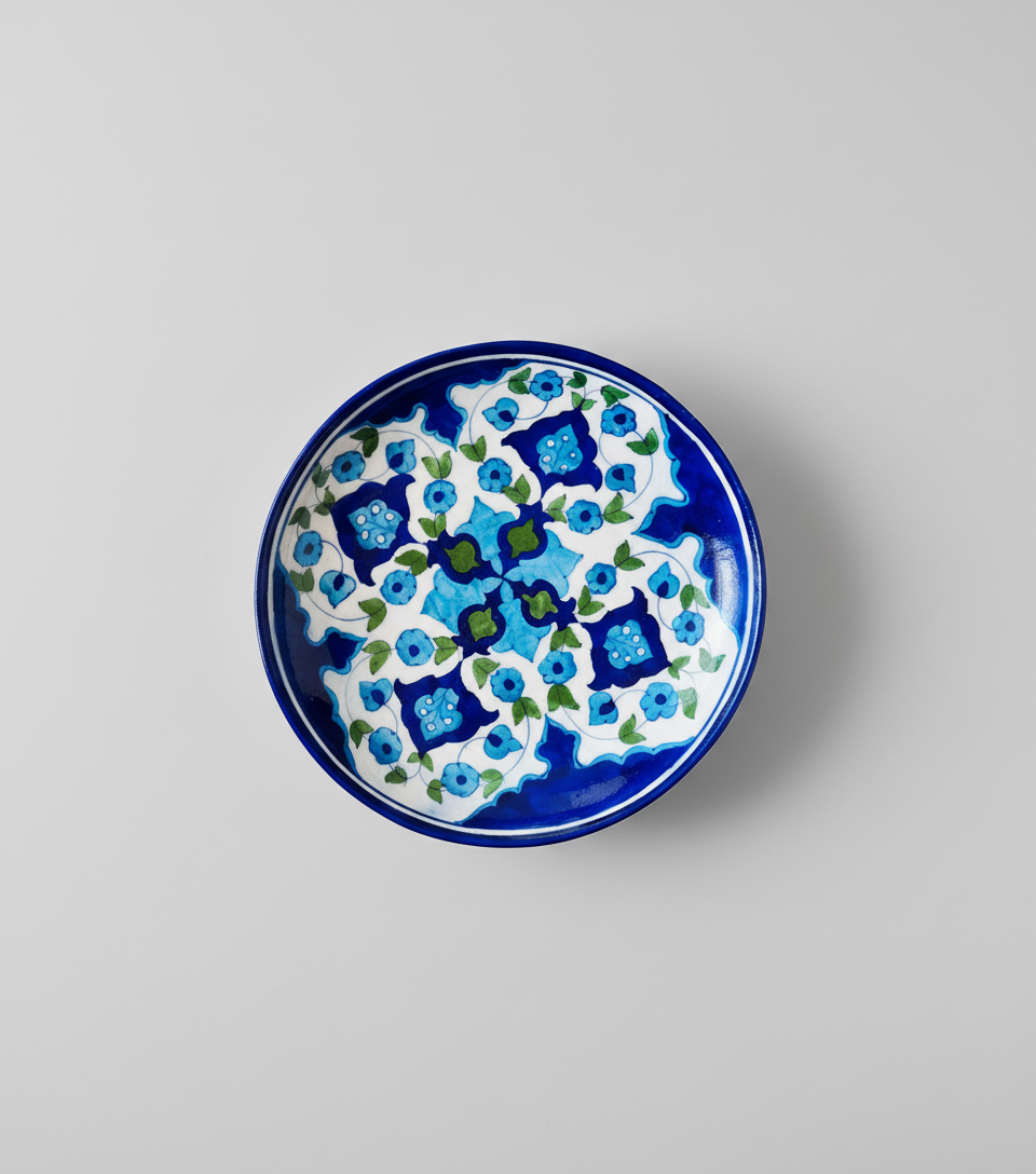 Ceramic plate with blue floral pattern on a gray background