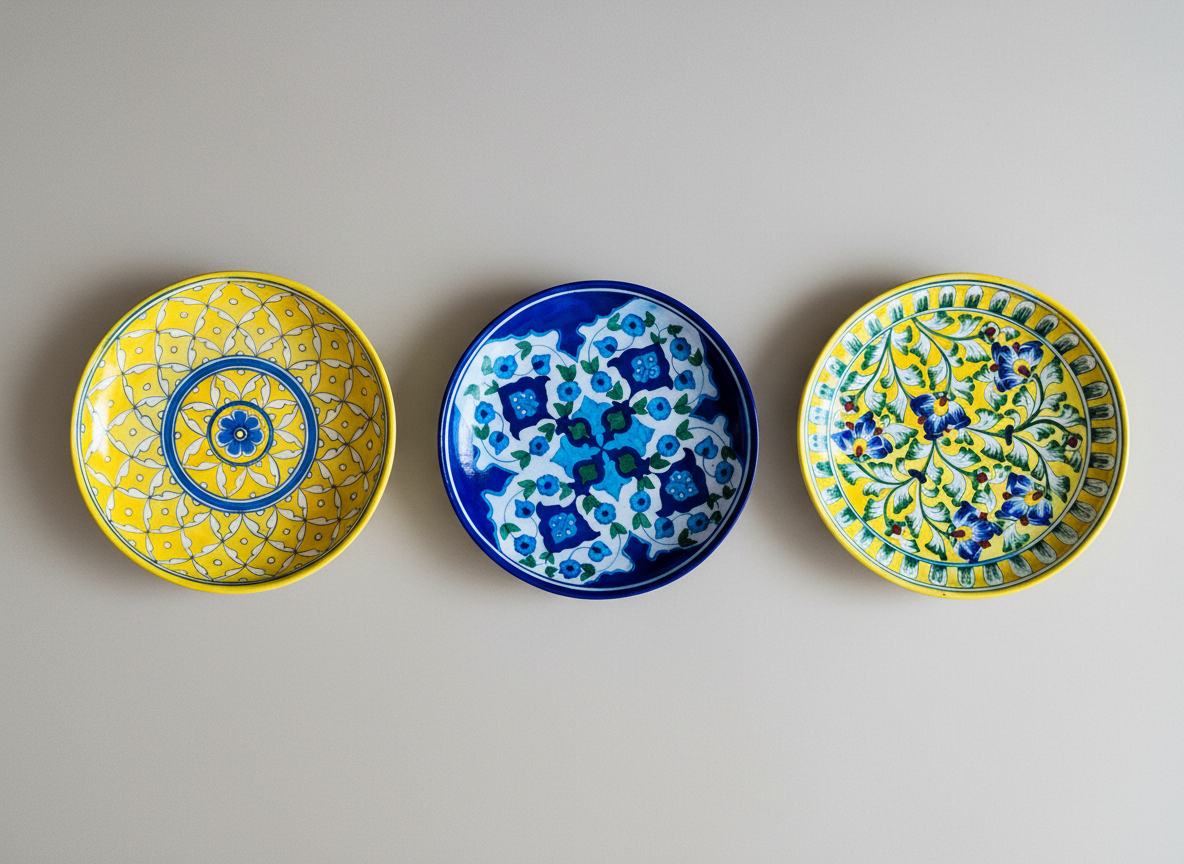 Three ceramic bowls with colorful patterns on a gray background