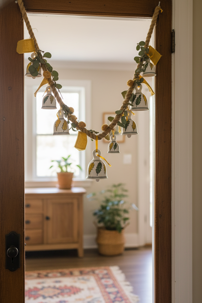 Decorative string with small bells and greenery hanging on a wooden door.