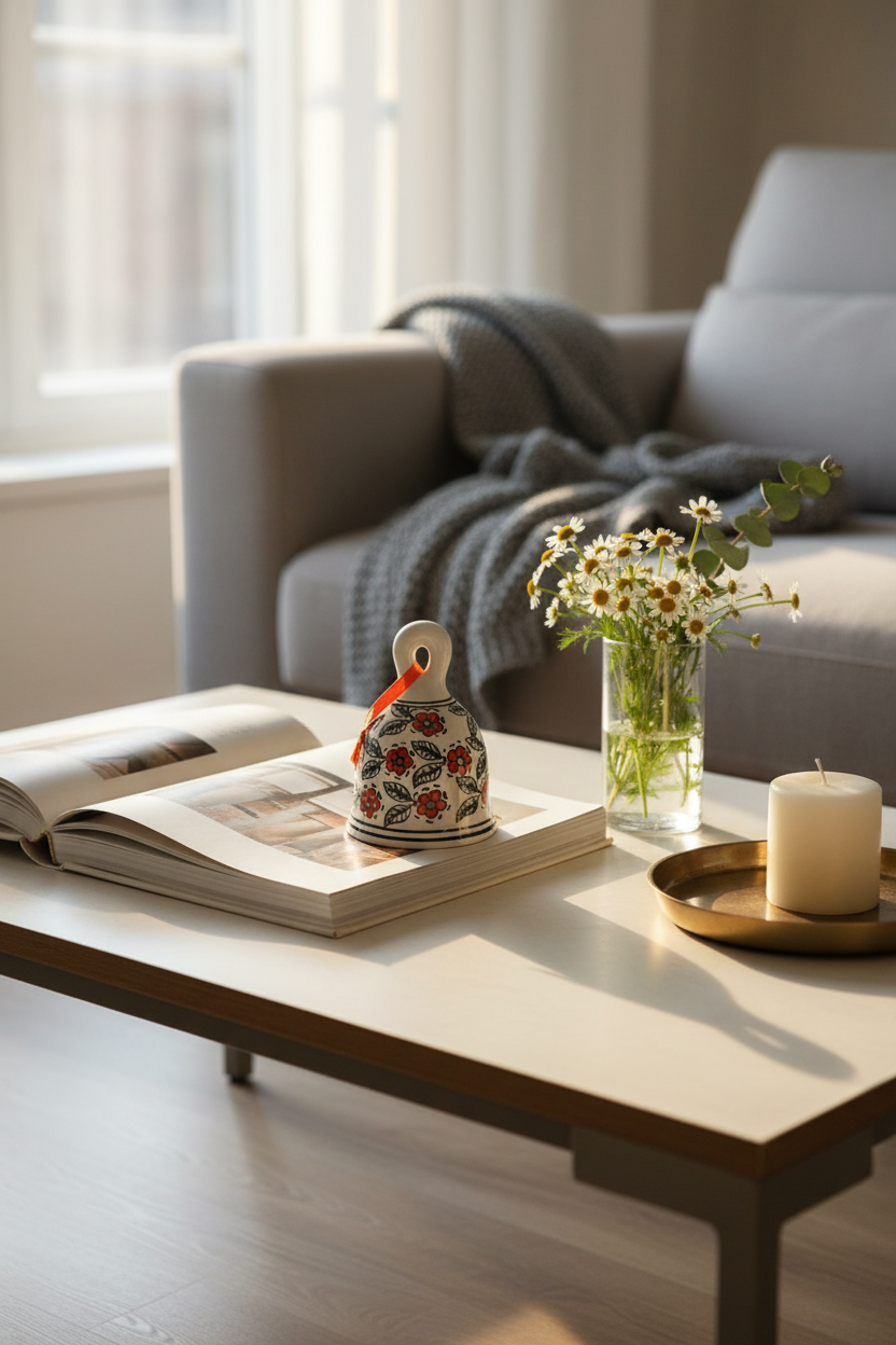 Living room with a coffee table featuring a vase, candle, and decorative items.