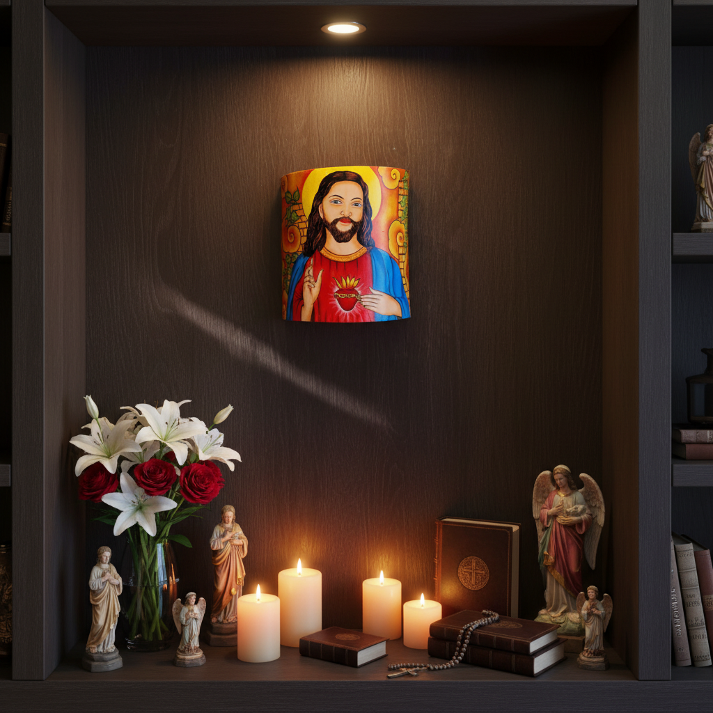 Wall with religious artwork, candles, and statues in a dimly lit room.
