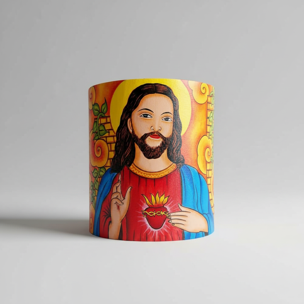 Colorful wall decor with a religious design of a bearded figure holding a heart symbol on a gray background
