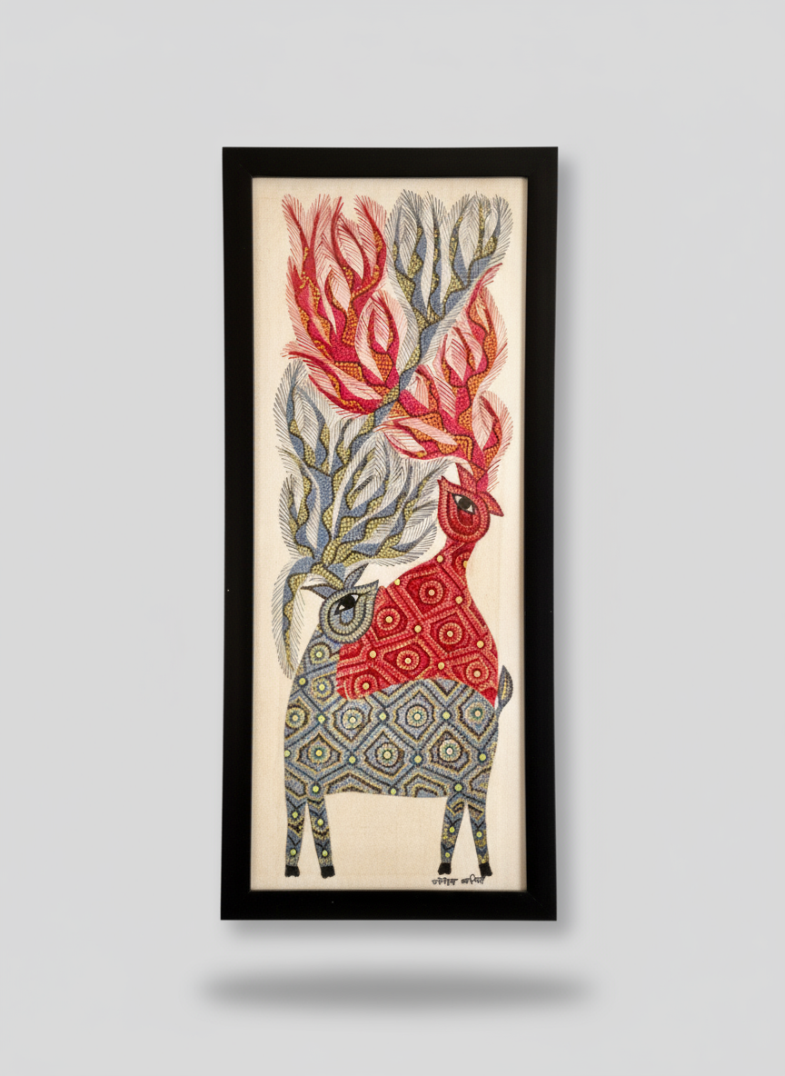Framed artwork of a deer with geometric patterns on a plain background