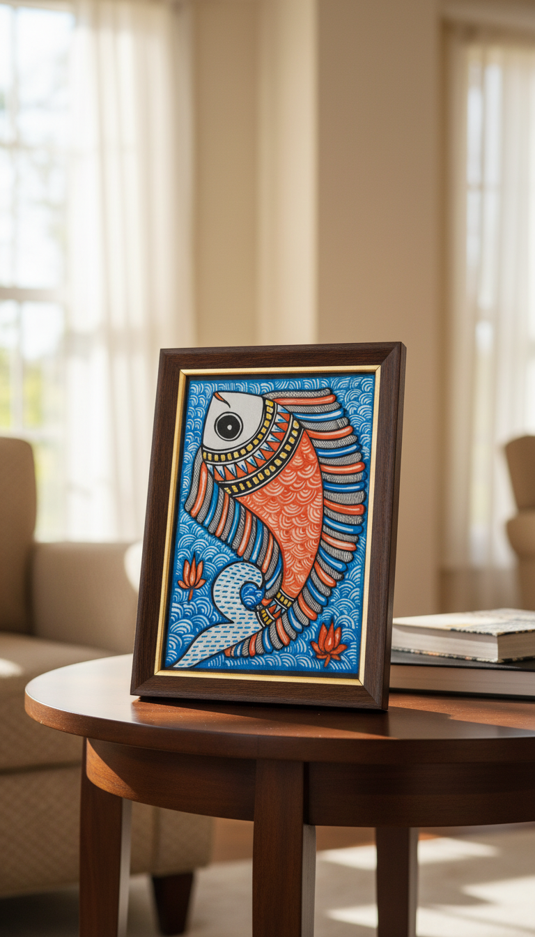 Framed artwork of a colorful fish on a wooden table in a living room.