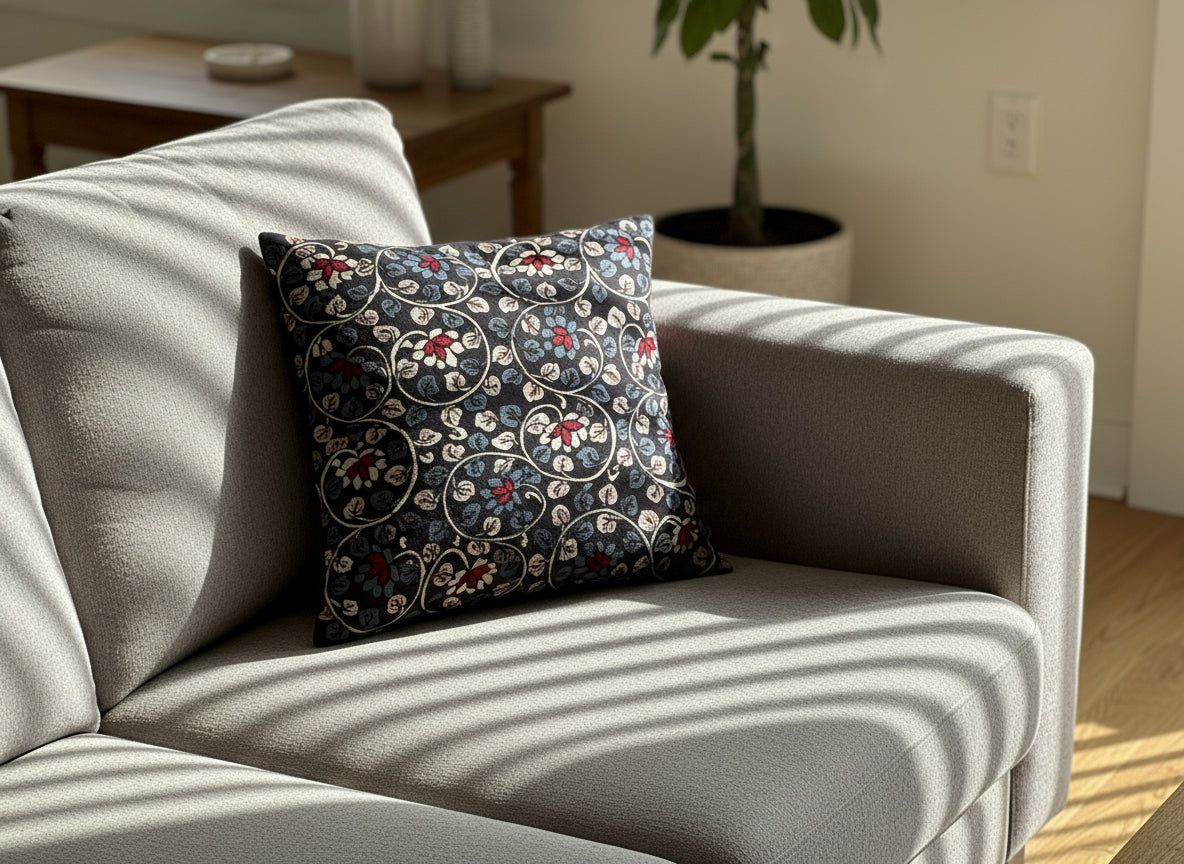 Decorative pillow on a table with embroidered fabric.