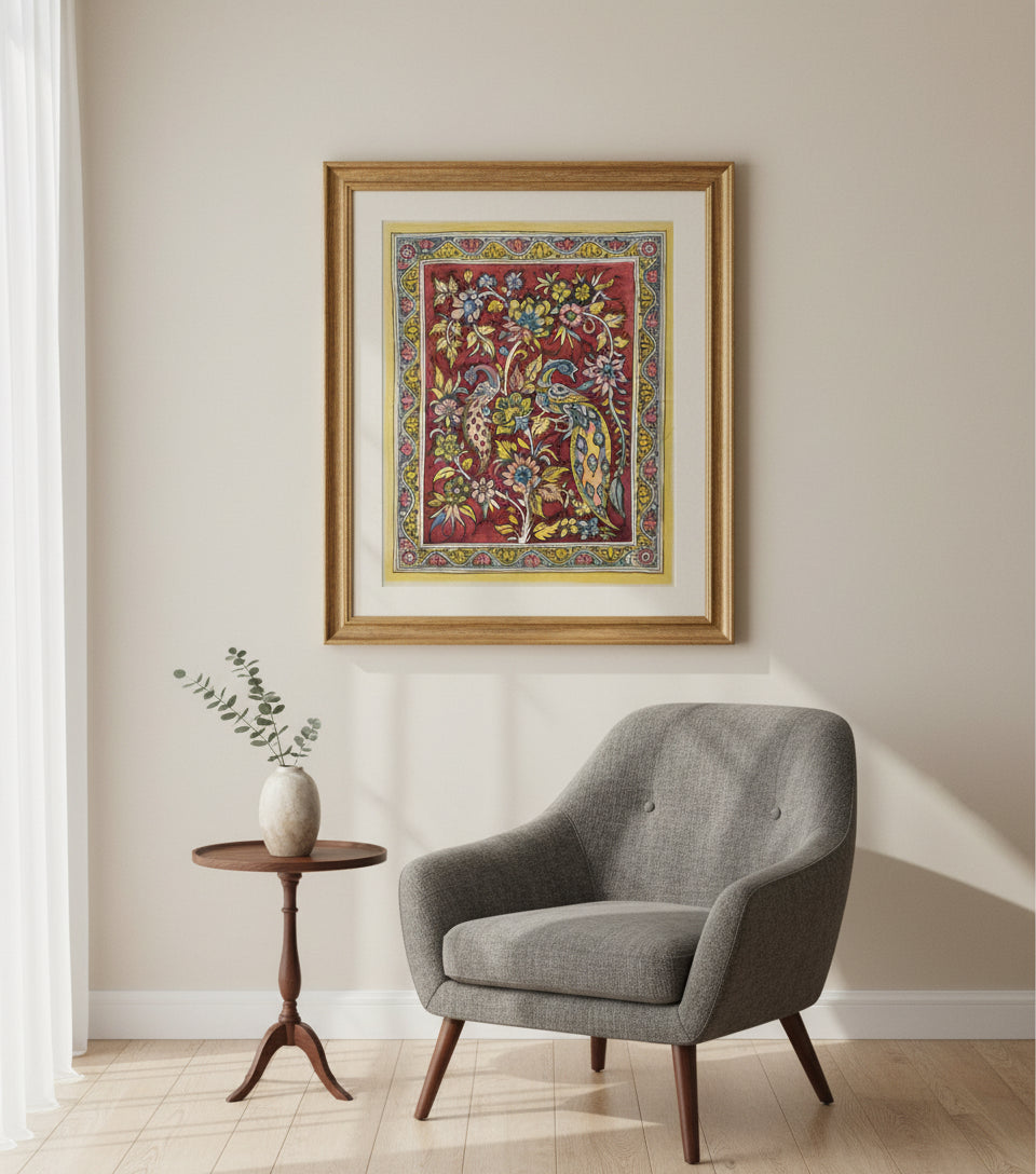 Exquisite SriKalahasti Kalamkari handcrafted artwork, featuring intricate hand-painted designs using natural dyes. A masterpiece of traditional storytelling and heritage craftsmanship from Andhra Pradesh.