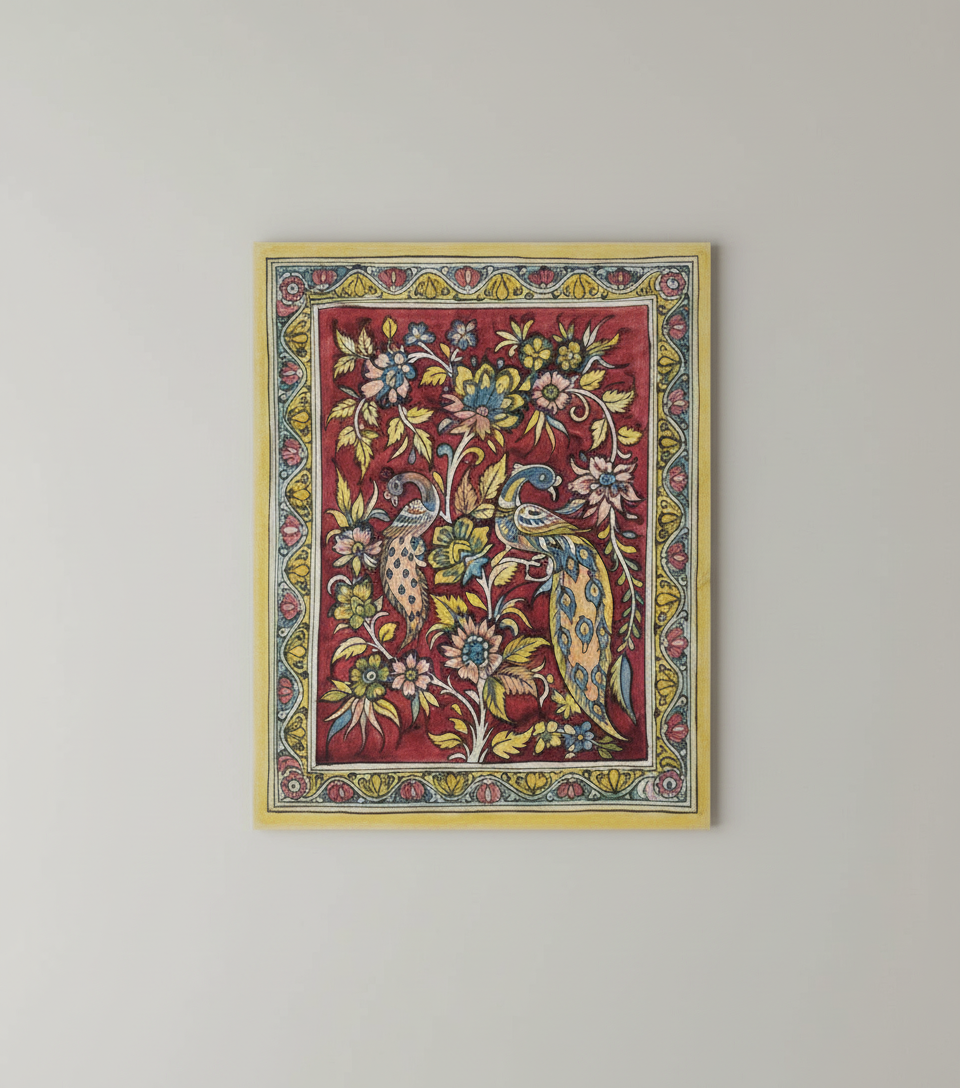 Decorative wall art with floral and peacock design on a plain background