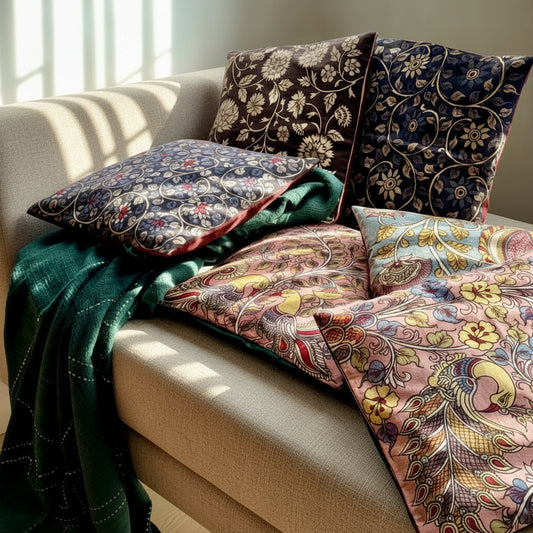 Decorative hand painted kalamkari art pillows and blanket on a chair in a sunlit room.