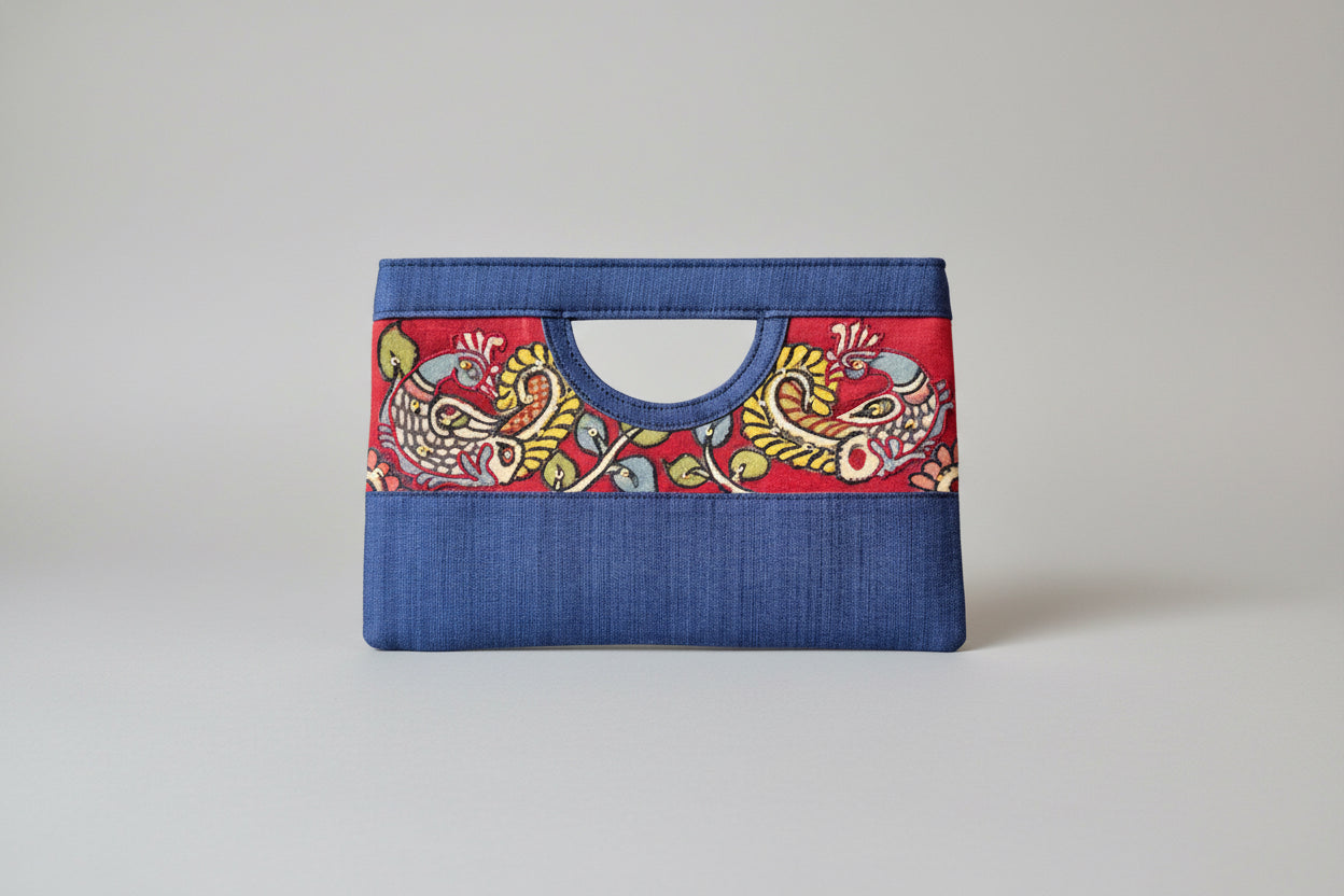 Blue raw silk hand painted Kalamkari clutch bag