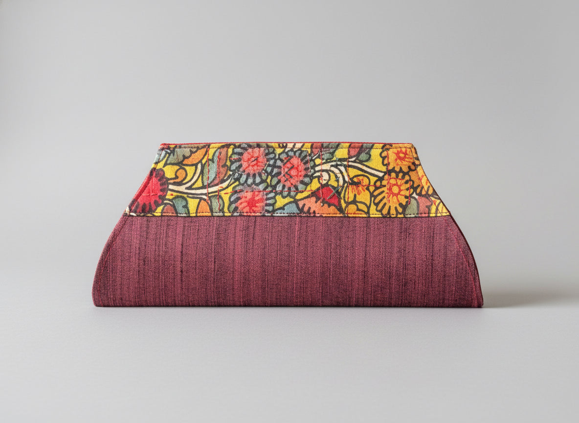 Maroon raw silk hand painted Kalamkari clutch bag
