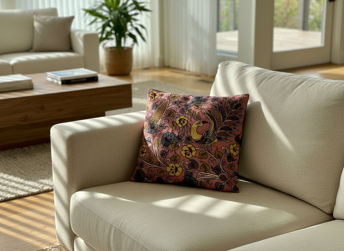 Decorative pillow on a table with patterned fabric.