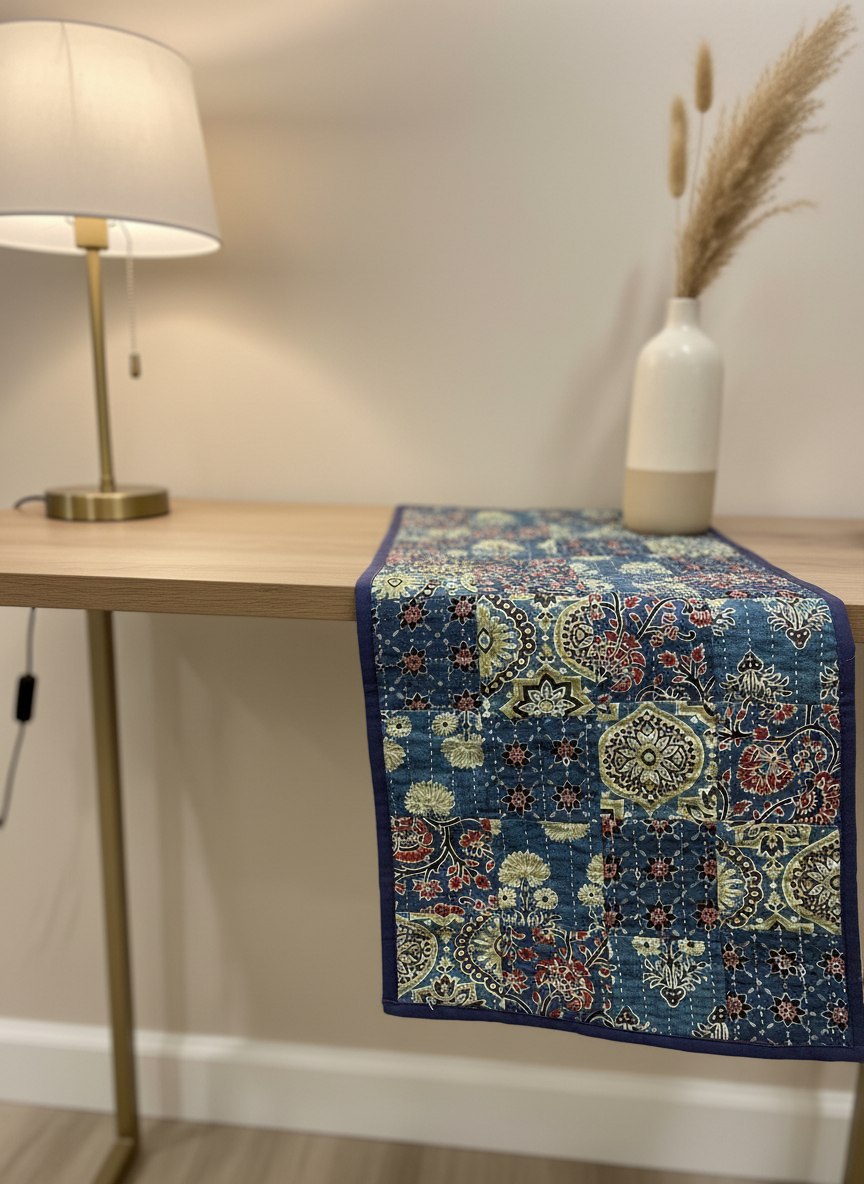 Decorative table runner with intricate patterns on a wooden table.