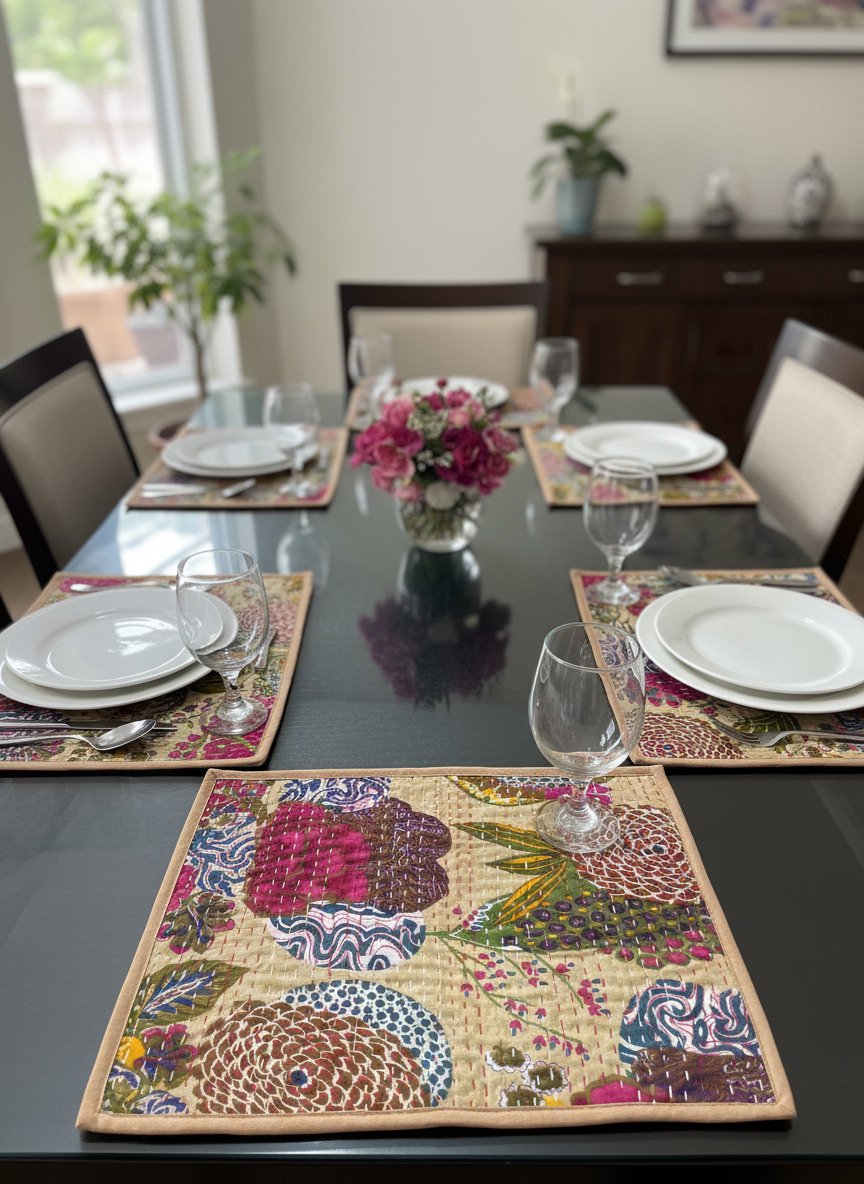 Dining table set with colorful placemats, plates, and glasses in a home setting.