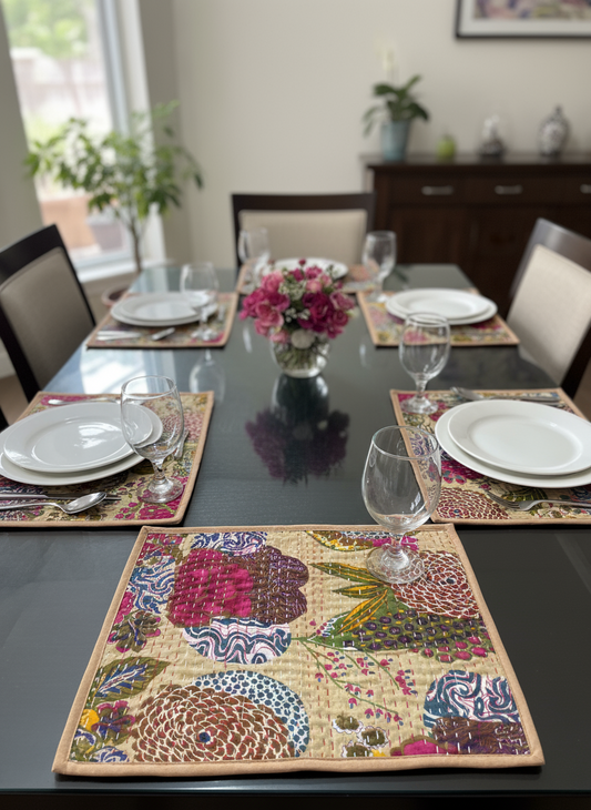Dining table set with colorful placemats, plates, and glasses in a home setting.