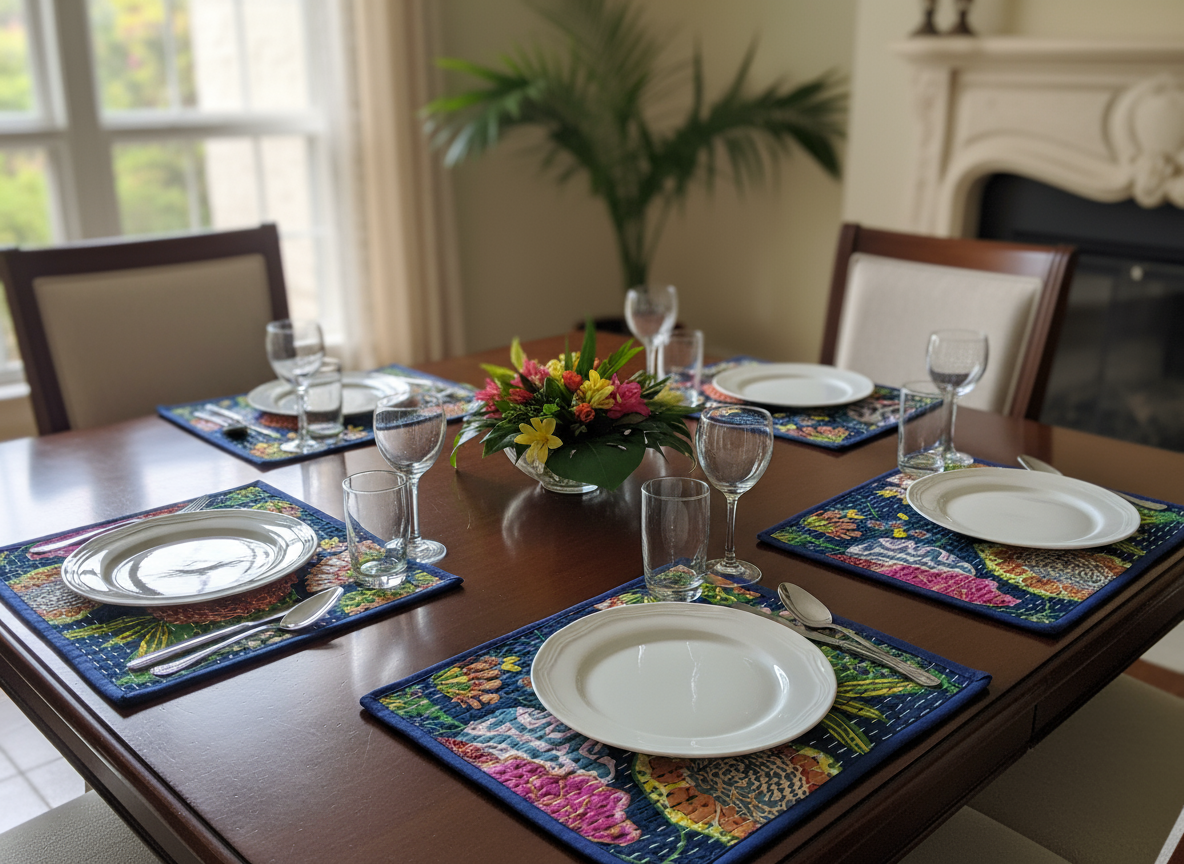 Dining table set with plates, glasses, and colorful placemats in a home setting.