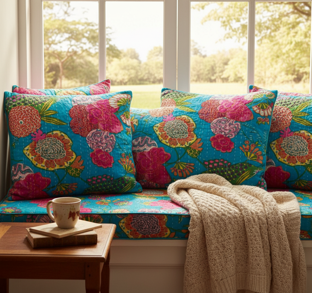 Colorful floral-patterned cushions on a bench with a cup and book on a table in front of a window.