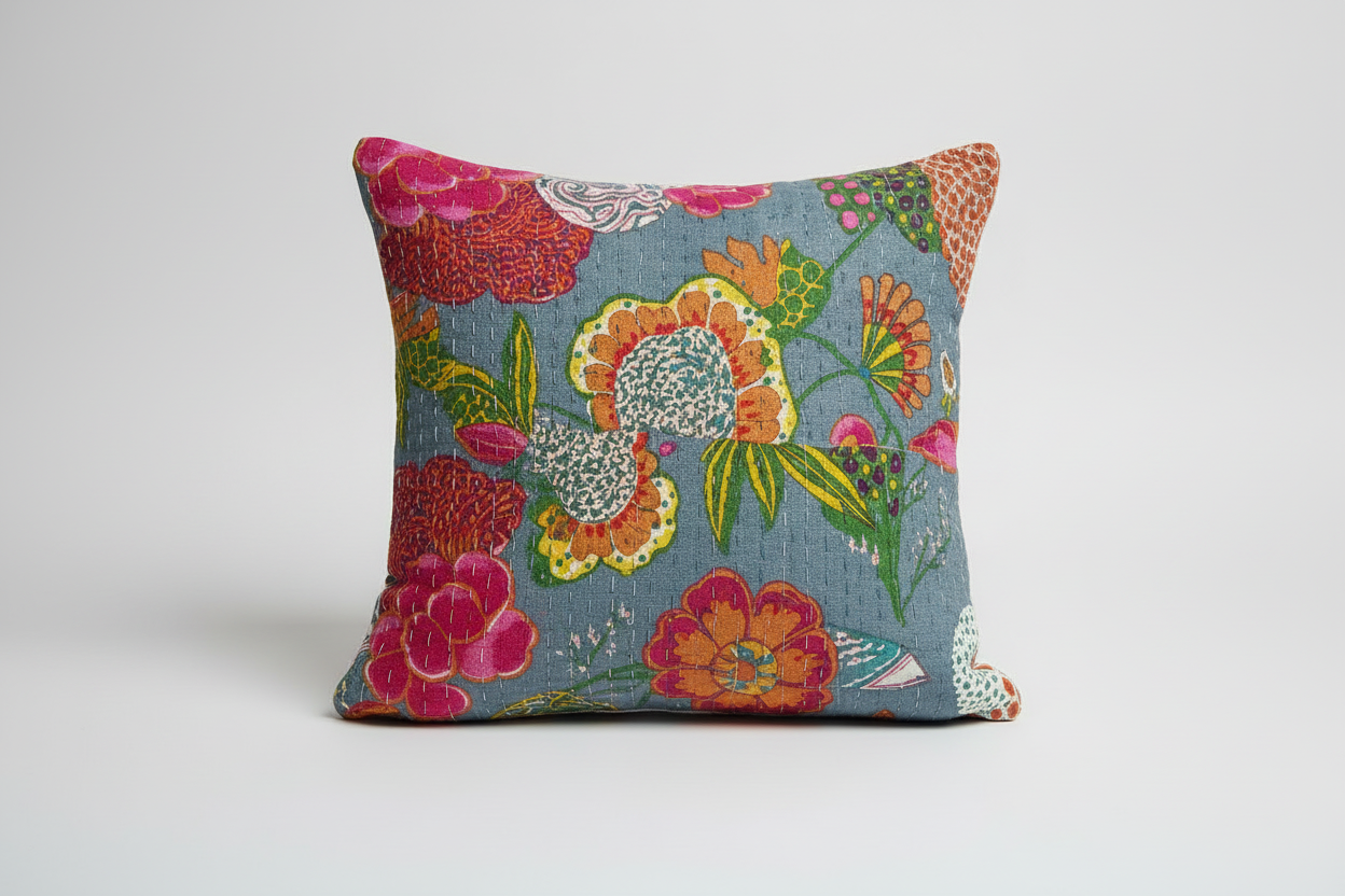 Floral patterned pillow on a white background