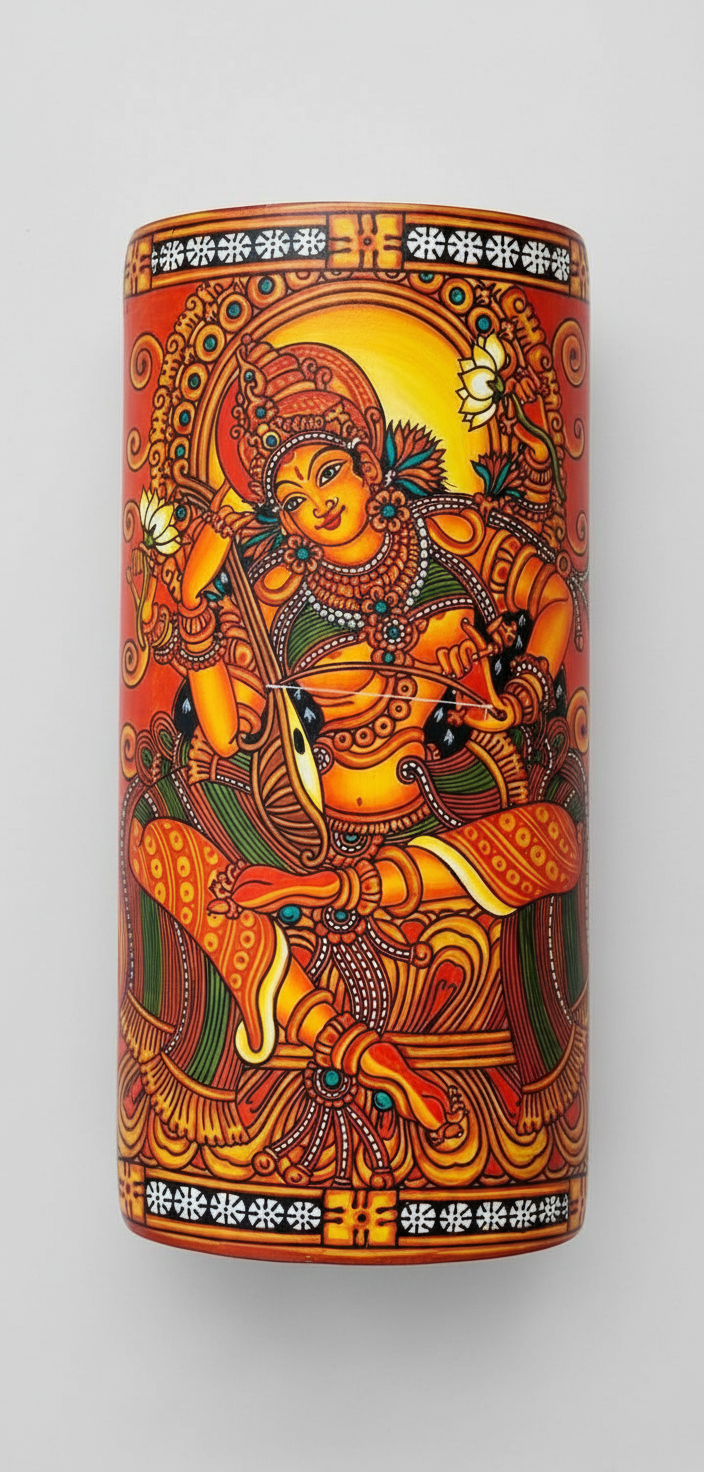 Decorative cylindrical container with artistic depiction of a seated figure on a white background