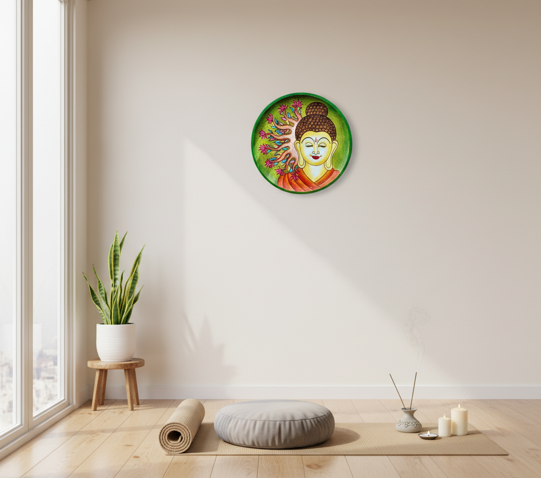 Decorative wall art of a Buddha face on a green background in a minimalistic room with a plant and meditation mat.