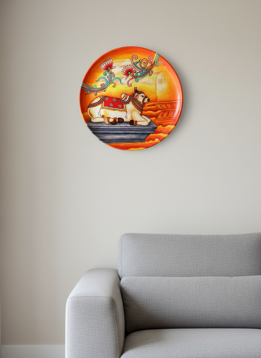 Decorative wall plate with a colorful design of a cow on a beige wall above a gray sofa.
