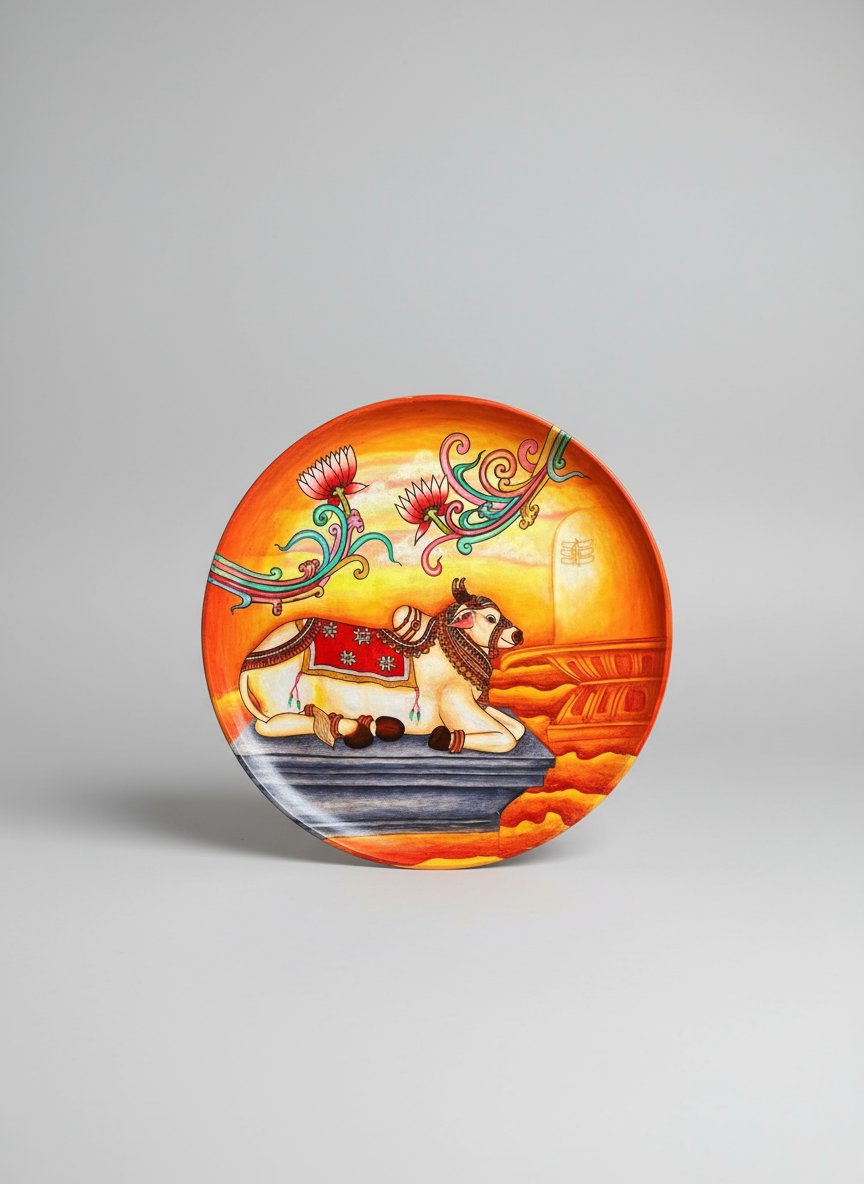 Decorative plate with a lion design on an orange background