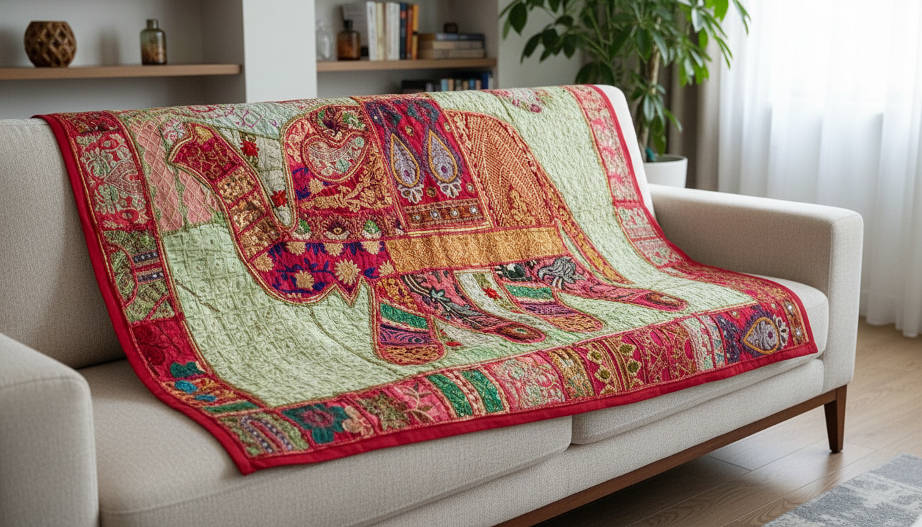 Colorful patterned quilt draped over a sofa in a living room setting.