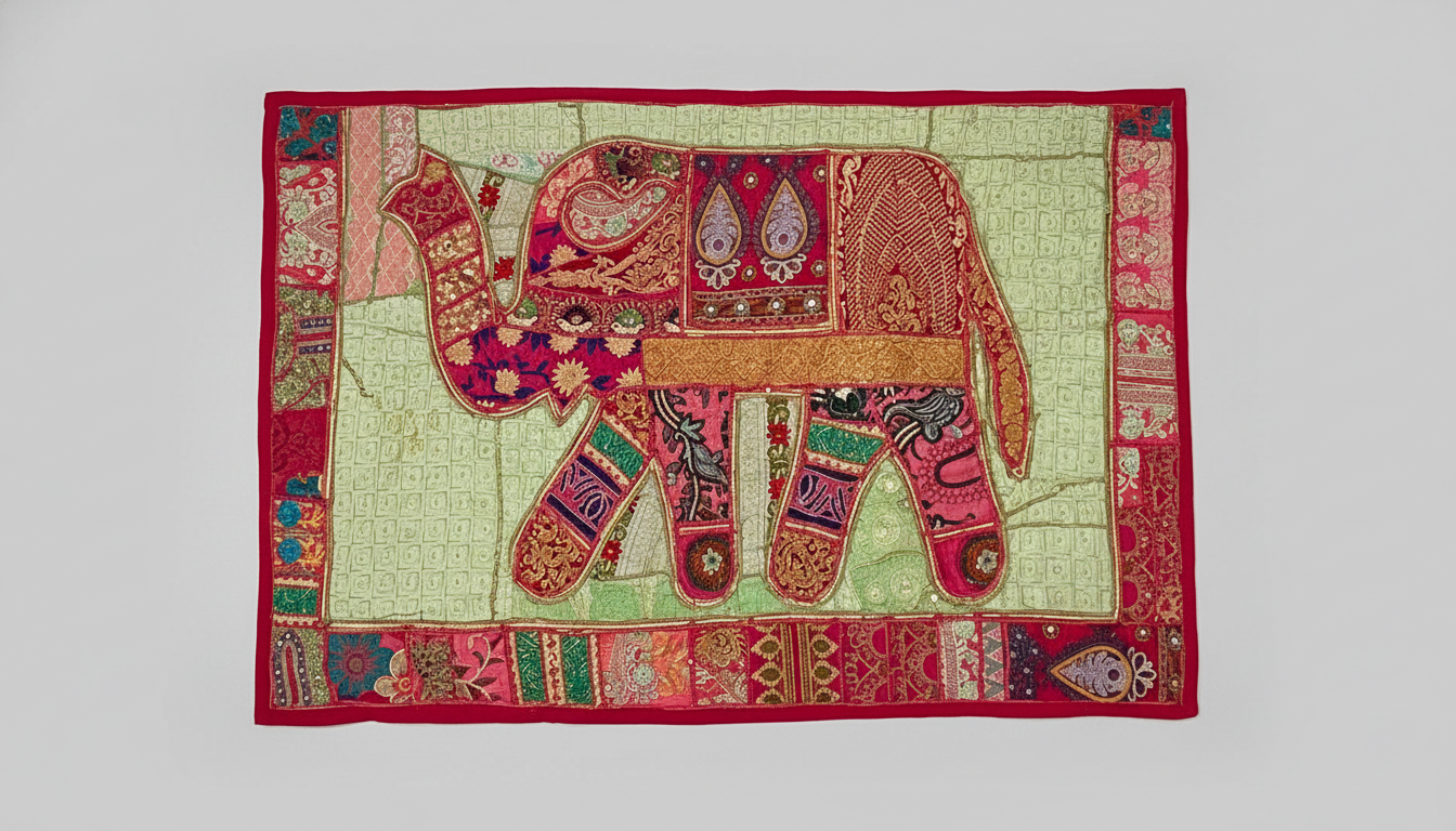 Decorative fabric panel with an elephant design on a white background