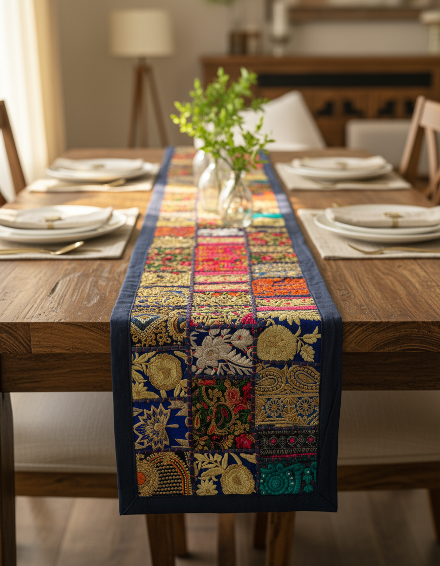 Decorative table runner with colorful patterns on a wooden dining table.