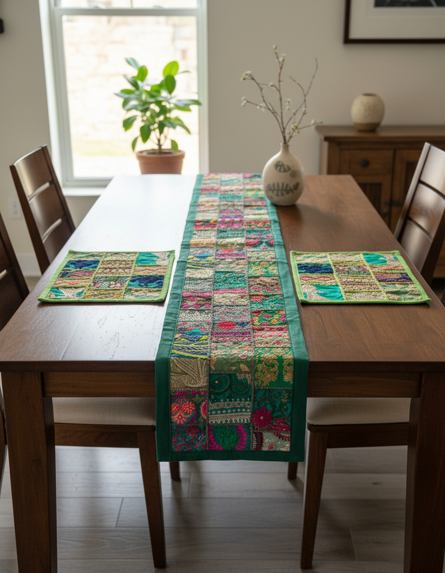 Dining table with a colorful patchwork table runner and placemats in a home setting.