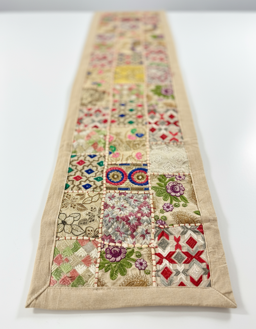 Patchwork table runner with floral and geometric patterns on a white background
