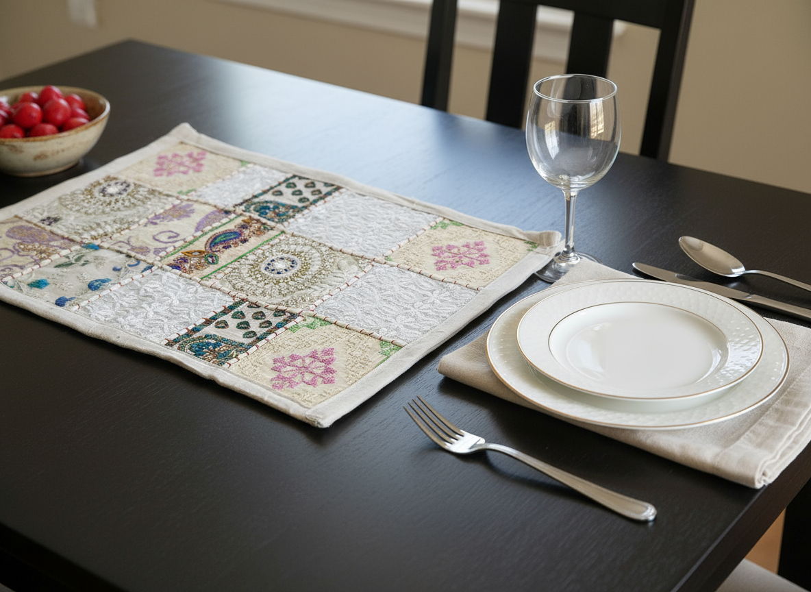 Dining table setting with a patterned placemat, plates, cutlery, and a glass.