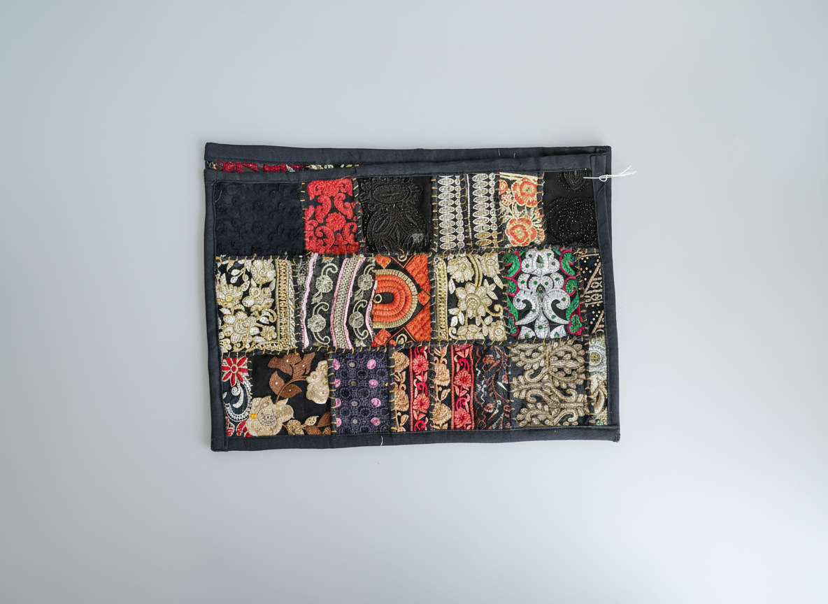 Patchwork placemats with various patterns on a gray background