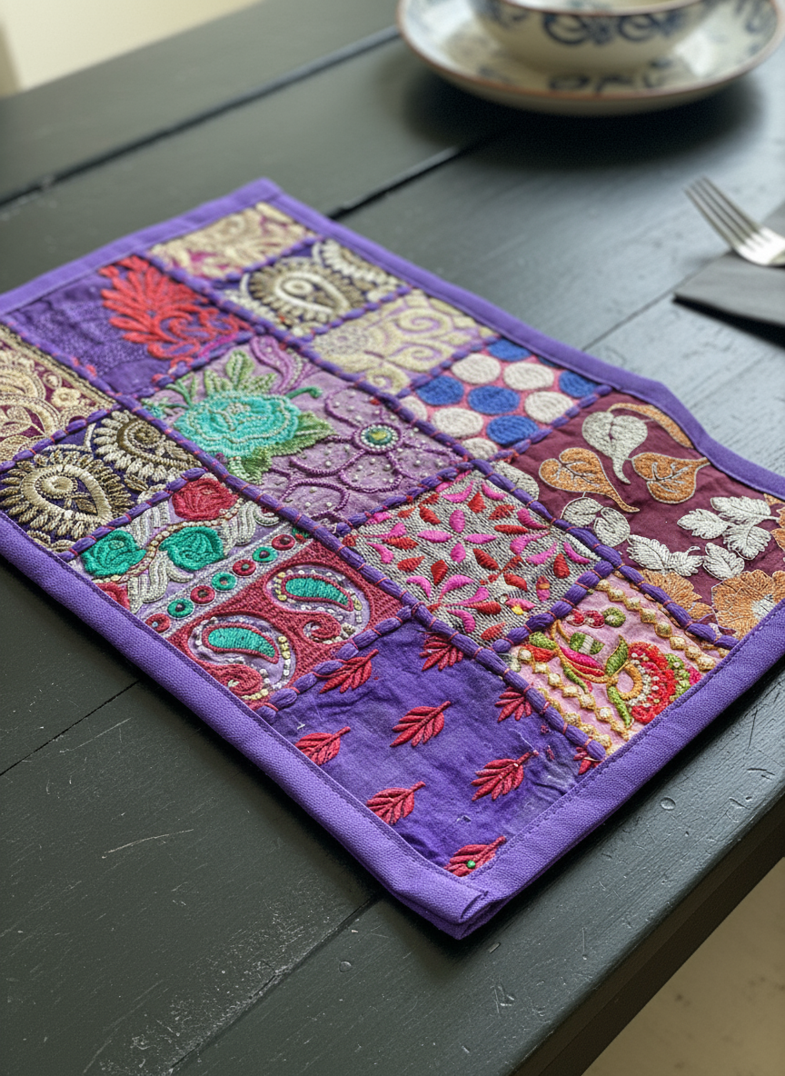 Colorful embroidered patchwork mat on a dark wooden surface