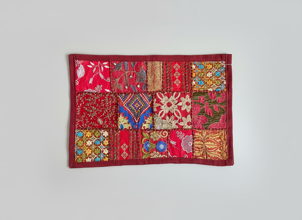 Patchwork placemats with colorful patterns on a plain background