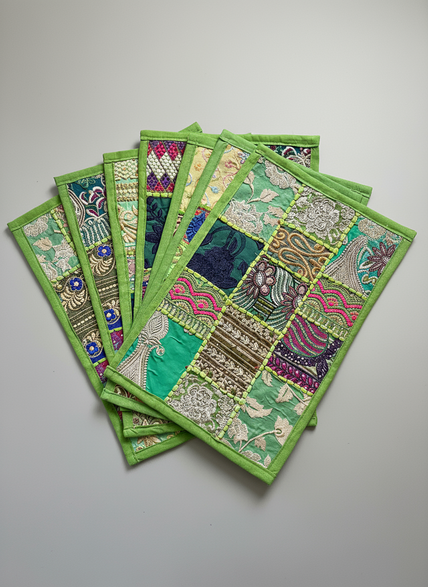 Set of colorful fabric coasters with intricate patterns on a gray background