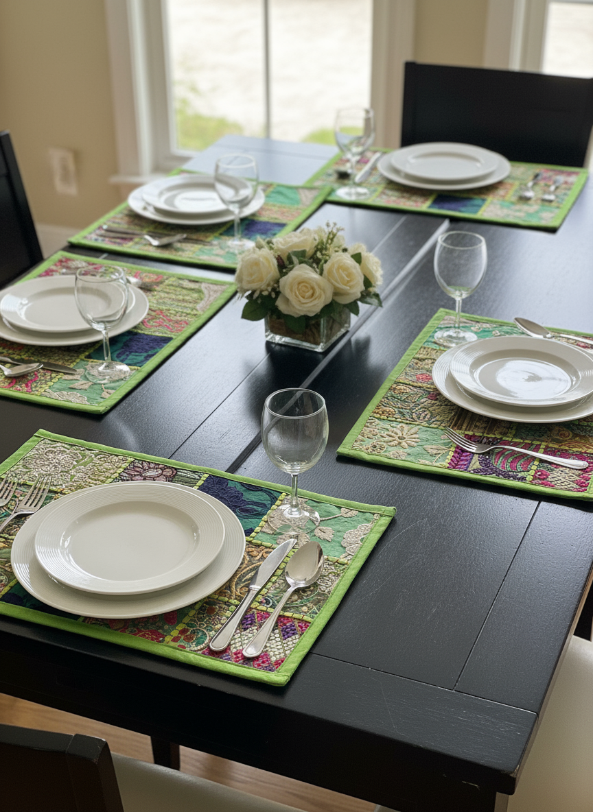 Dining table set with plates, glasses, and floral centerpieces on colorful placemats.